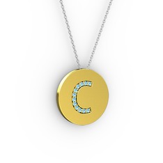 C Baş Harf Kolye - Akuamarin 8 ayar altın kolye (40 cm beyaz altın rolo zincir) #8b3y1r