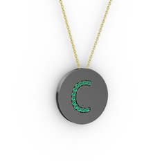 C Baş Harf Kolye - Yeşil kuvars 925 ayar siyah rodyum kaplama gümüş kolye (40 cm altın rolo zincir) #94salb
