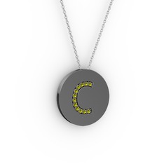 C Baş Harf Kolye - Peridot 925 ayar siyah rodyum kaplama gümüş kolye (40 cm beyaz altın rolo zincir) #hak2bd