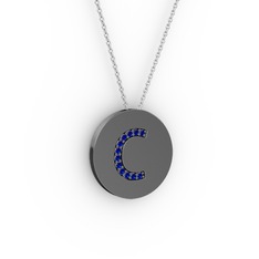 C Baş Harf Kolye - Lab safir 925 ayar siyah rodyum kaplama gümüş kolye (40 cm beyaz altın rolo zincir) #lab0m8
