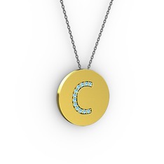 C Baş Harf Kolye - Akuamarin 18 ayar altın kolye (40 cm gümüş rolo zincir) #twhiyt