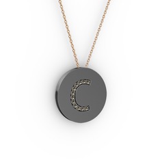 C Baş Harf Kolye - Dumanlı kuvars 925 ayar siyah rodyum kaplama gümüş kolye (40 cm rose altın rolo zincir) #x5p7bq