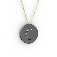C Baş Harf Kolye - Dumanlı kuvars 925 ayar siyah rodyum kaplama gümüş kolye (40 cm altın rolo zincir) #z78ebs