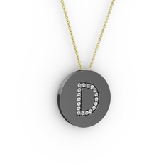 D Baş Harf Kolye - Beyaz zirkon 925 ayar siyah rodyum kaplama gümüş kolye (40 cm altın rolo zincir) #15dsvsj
