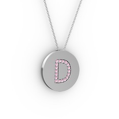 D Baş Harf Kolye - Pembe kuvars 8 ayar beyaz altın kolye (40 cm beyaz altın rolo zincir) #dvo77p