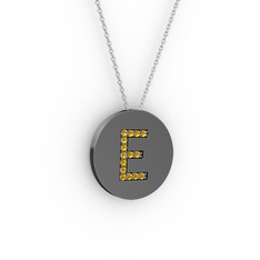 E Baş Harf Kolye - Sitrin 925 ayar siyah rodyum kaplama gümüş kolye (40 cm beyaz altın rolo zincir) #1hysukm