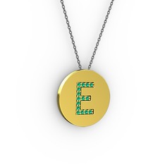 E Baş Harf Kolye - Yeşil kuvars 8 ayar altın kolye (40 cm gümüş rolo zincir) #64a3mk