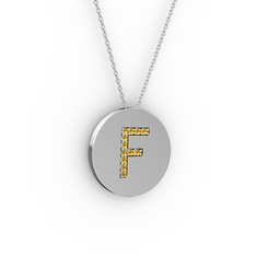 F Baş Harf Kolye - Sitrin 18 ayar beyaz altın kolye (40 cm beyaz altın rolo zincir) #100ltv9