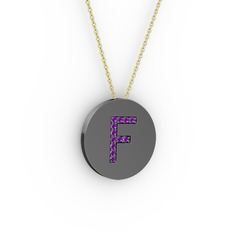 F Baş Harf Kolye - Ametist 925 ayar siyah rodyum kaplama gümüş kolye (40 cm altın rolo zincir) #1axw0c1