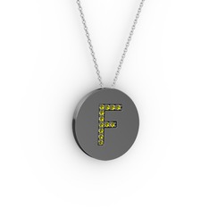 F Baş Harf Kolye - Peridot 925 ayar siyah rodyum kaplama gümüş kolye (40 cm gümüş rolo zincir) #1ci00e3