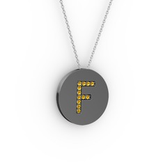 F Baş Harf Kolye - Sitrin 925 ayar siyah rodyum kaplama gümüş kolye (40 cm beyaz altın rolo zincir) #1cxwtbj