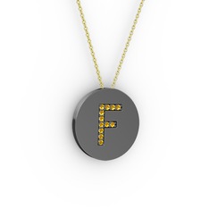 F Baş Harf Kolye - Sitrin 925 ayar siyah rodyum kaplama gümüş kolye (40 cm altın rolo zincir) #1jboyyh