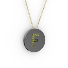 F Baş Harf Kolye - Peridot 925 ayar siyah rodyum kaplama gümüş kolye (40 cm gümüş rolo zincir) #1ofh8bx