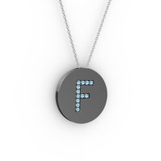 F Baş Harf Kolye - Akuamarin 925 ayar siyah rodyum kaplama gümüş kolye (40 cm gümüş rolo zincir) #6bpjqq