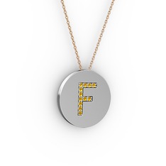 F Baş Harf Kolye - Sitrin 18 ayar beyaz altın kolye (40 cm rose altın rolo zincir) #8saaja