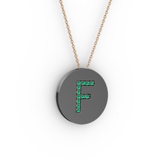 F Baş Harf Kolye - Yeşil kuvars 925 ayar siyah rodyum kaplama gümüş kolye (40 cm rose altın rolo zincir) #bk9m8s