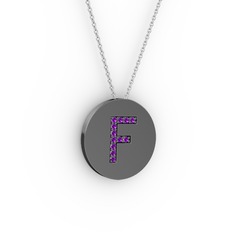 F Baş Harf Kolye - Ametist 925 ayar siyah rodyum kaplama gümüş kolye (40 cm beyaz altın rolo zincir) #dczqx7