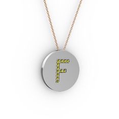 F Baş Harf Kolye - Peridot 14 ayar beyaz altın kolye (40 cm rose altın rolo zincir) #l2f82f