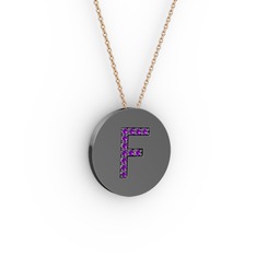 F Baş Harf Kolye - Ametist 925 ayar siyah rodyum kaplama gümüş kolye (40 cm rose altın rolo zincir) #lszagm