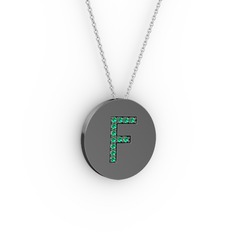 F Baş Harf Kolye - Yeşil kuvars 925 ayar siyah rodyum kaplama gümüş kolye (40 cm beyaz altın rolo zincir) #o65fmp