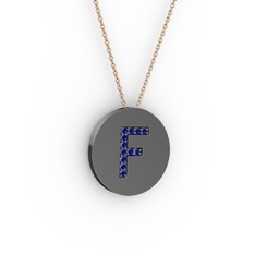F Baş Harf Kolye - Lab safir 925 ayar siyah rodyum kaplama gümüş kolye (40 cm rose altın rolo zincir) #varwvx