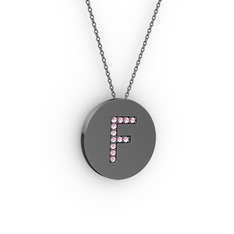 F Baş Harf Kolye - Pembe kuvars 925 ayar siyah rodyum kaplama gümüş kolye (40 cm gümüş rolo zincir) #x49dsw