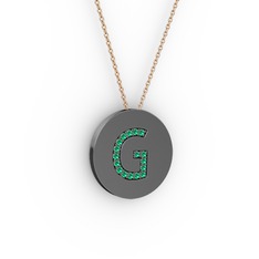 G Baş Harf Kolye - Yeşil kuvars 925 ayar siyah rodyum kaplama gümüş kolye (40 cm gümüş rolo zincir) #18iou0q