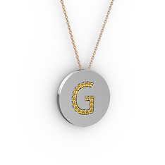 G Baş Harf Kolye - Sitrin 18 ayar beyaz altın kolye (40 cm rose altın rolo zincir) #1h842vc