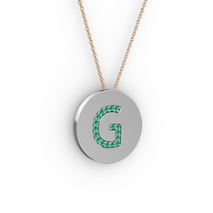 G Baş Harf Kolye - Yeşil kuvars 18 ayar beyaz altın kolye (40 cm rose altın rolo zincir) #1incvcn