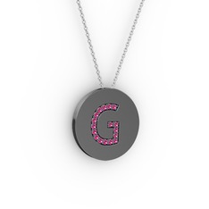 G Baş Harf Kolye - Rodolit garnet 925 ayar siyah rodyum kaplama gümüş kolye (40 cm gümüş rolo zincir) #1no93k7