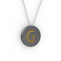 G Baş Harf Kolye - Sitrin 925 ayar siyah rodyum kaplama gümüş kolye (40 cm beyaz altın rolo zincir) #1xsp9ns