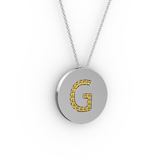 G Baş Harf Kolye - Sitrin 8 ayar beyaz altın kolye (40 cm beyaz altın rolo zincir) #7gkcqt