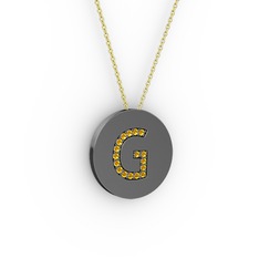 G Baş Harf Kolye - Sitrin 925 ayar siyah rodyum kaplama gümüş kolye (40 cm altın rolo zincir) #7jnj9n