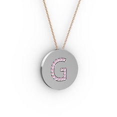 G Baş Harf Kolye - Pembe kuvars 14 ayar beyaz altın kolye (40 cm rose altın rolo zincir) #en2ie3