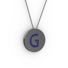 G Baş Harf Kolye - Lab safir 925 ayar siyah rodyum kaplama gümüş kolye (40 cm gümüş rolo zincir) #ghkp8v