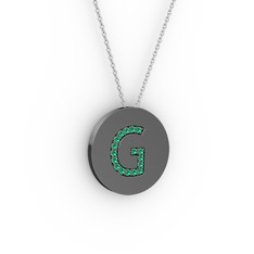 G Baş Harf Kolye - Yeşil kuvars 925 ayar siyah rodyum kaplama gümüş kolye (40 cm beyaz altın rolo zincir) #ls0ceu