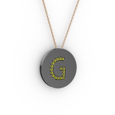 G Baş Harf Kolye - Peridot 925 ayar siyah rodyum kaplama gümüş kolye (40 cm rose altın rolo zincir) #mmtb24