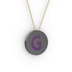 G Baş Harf Kolye - Ametist 925 ayar siyah rodyum kaplama gümüş kolye (40 cm altın rolo zincir) #xu86hq