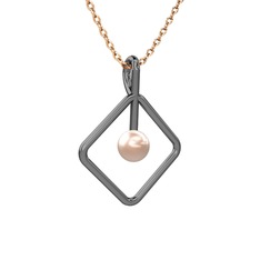 Perla İnci Kolye - Pembe inci 925 ayar siyah rodyum kaplama gümüş kolye (40 cm rose altın rolo zincir) #152c3f3