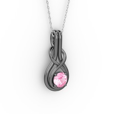 Düğüm Kolye - Pembe kuvars 925 ayar siyah rodyum kaplama gümüş kolye (40 cm beyaz altın rolo zincir) #a8bddi