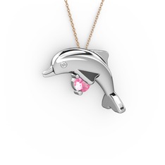 Taşlı Yunus Kolye - Pembe kuvars 14 ayar beyaz altın kolye (40 cm rose altın rolo zincir) #1j35946