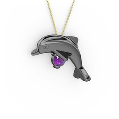 Taşlı Yunus Kolye - Ametist 925 ayar siyah rodyum kaplama gümüş kolye (40 cm altın rolo zincir) #1nd7esh