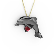 Taşlı Yunus Kolye - Kök yakut 925 ayar siyah rodyum kaplama gümüş kolye (40 cm altın rolo zincir) #c4y89b