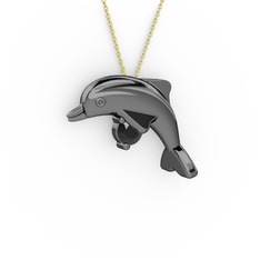 Taşlı Yunus Kolye - Siyah zirkon 925 ayar siyah rodyum kaplama gümüş kolye (40 cm altın rolo zincir) #lsvrm2
