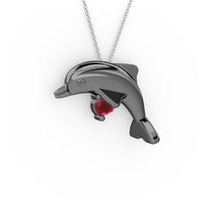 Taşlı Yunus Kolye - Kök yakut 925 ayar siyah rodyum kaplama gümüş kolye (40 cm beyaz altın rolo zincir) #pq7eft