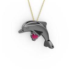 Taşlı Yunus Kolye - Rodolit garnet 925 ayar siyah rodyum kaplama gümüş kolye (40 cm altın rolo zincir) #vaslde