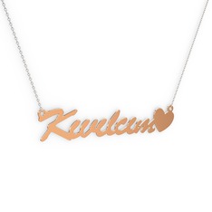Kalp İsim Kolye - 8 ayar rose altın kolye (8 karakterli el yazısı, 40 cm gümüş rolo zincir) #1fqlemk