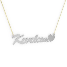 Kalp İsim Kolye - 14 ayar beyaz altın kolye (8 karakterli el yazısı, 40 cm gümüş rolo zincir) #98bf45