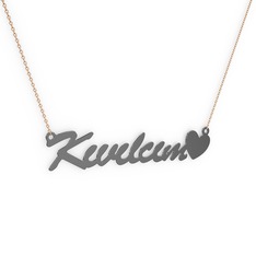 Kalp İsim Kolye - 925 ayar siyah rodyum kaplama gümüş kolye (8 karakterli el yazısı, 40 cm rose altın rolo zincir) #e55ow0