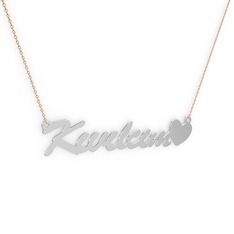 Kalp İsim Kolye - 18 ayar beyaz altın kolye (8 karakterli el yazısı, 40 cm rose altın rolo zincir) #ek6ls8